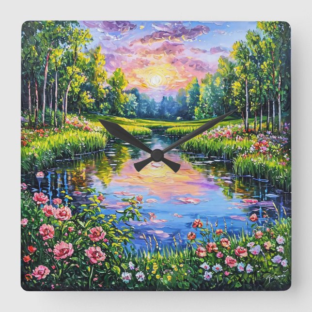 Beautiful sunset over a river square wall clock (Front)