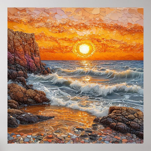 Beautiful Sunset Over the Ocean with Waves Poster (Front)