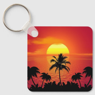 Beautiful Sunset Scene Palm Trees Bright Cool Key Ring