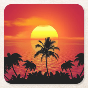 Beautiful Sunset Scene Palm Trees Bright Cool Square Paper Coaster