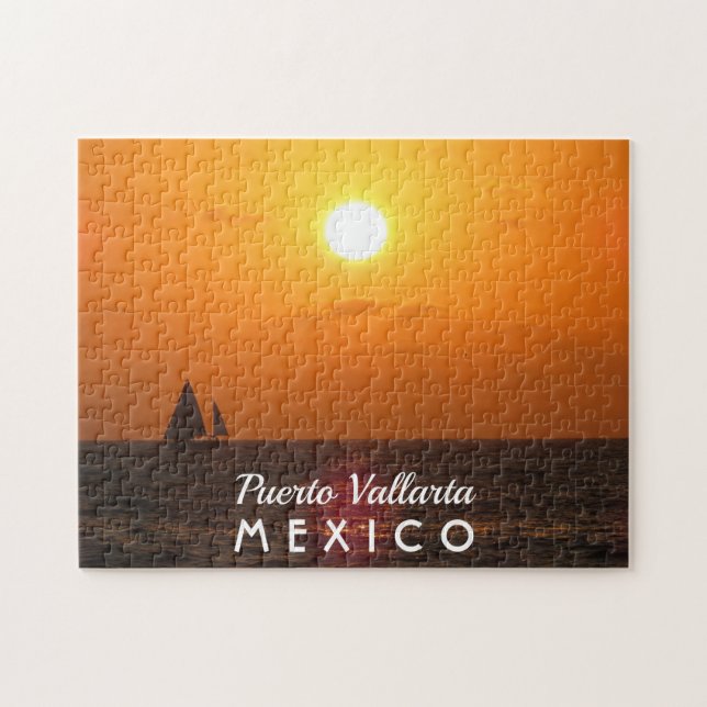 Beautiful Sunset With Boat Puerto Vallarta Mexico Jigsaw Puzzle (Horizontal)