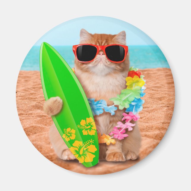 Beautiful surfer cat on the beach magnet (Front)