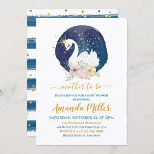 Beautiful Swan Delicate Navy Blue Boy Baby Shower Invitation