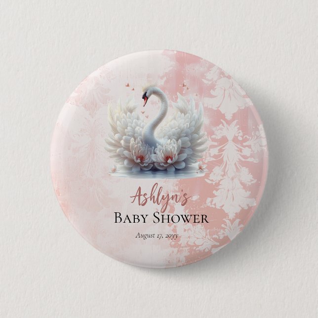 Beautiful Swan Floral Damask Baby Shower Favour 6 Cm Round Badge (Front)