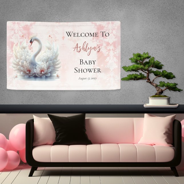 Beautiful Swan Pink Floral Damask Girl Baby Shower Banner (Beautiful Swan Pink Floral Damask Girl Baby Shower Banner)