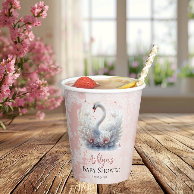 Beautiful Swan Pink Floral Damask Girl Baby Shower Paper Cups (Beautiful Swan Pink Floral Damask Girl Baby Shower Paper Cups)