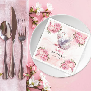 Beautiful Swan Pink Floral Girl Baby Shower Napkin
