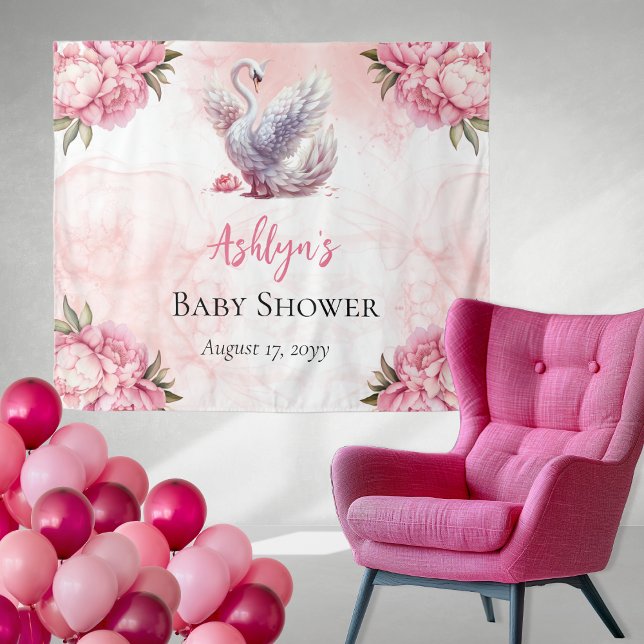 Beautiful Swan Pink Floral Girl Baby Shower Tapestry (Beautiful Swan Pink Floral Peonies Girl Baby Shower Backdrop Tapestry)