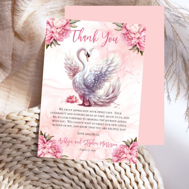 Beautiful Swan Pink Floral Girl Baby Shower Thank You Card (Beautiful Swan Pink Floral Girl Baby Shower Thank you Card)