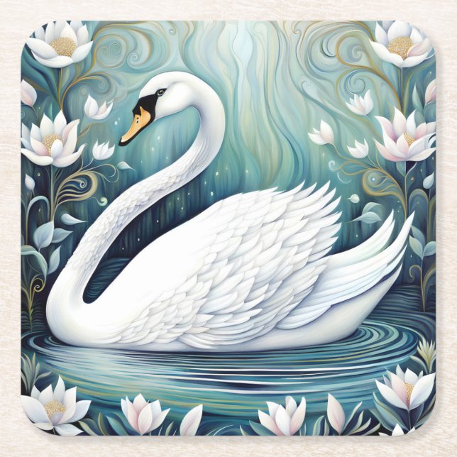 Beautiful Swan Square Paper Coaster (Front)
