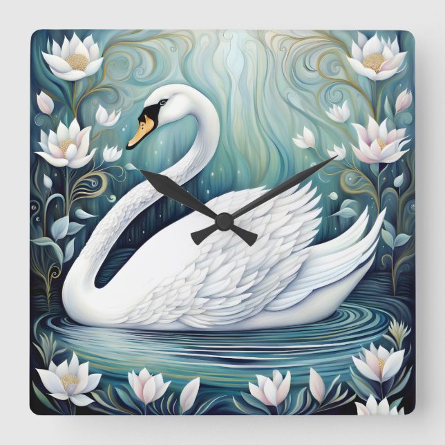 Beautiful Swan Square Wall Clock (Front)