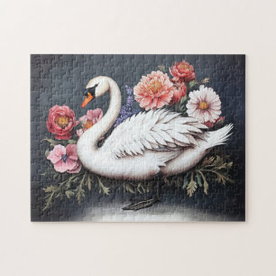 Beautiful Swan Vintage Flowers Painting Jigsaw Puzzle