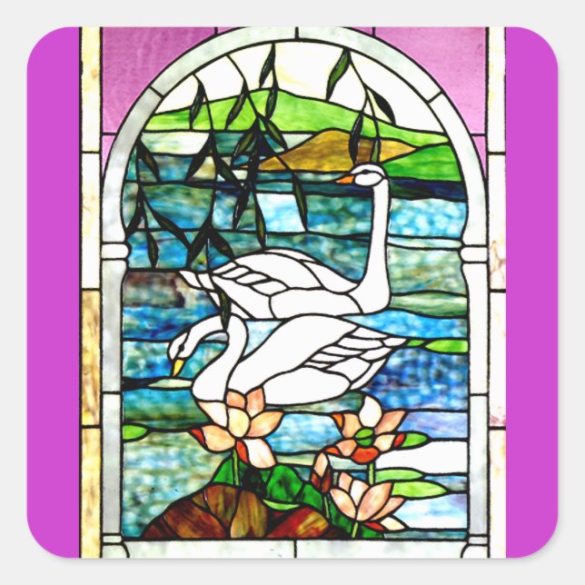 Beautiful Swans Stained Glass Art Square Sticker (Front)