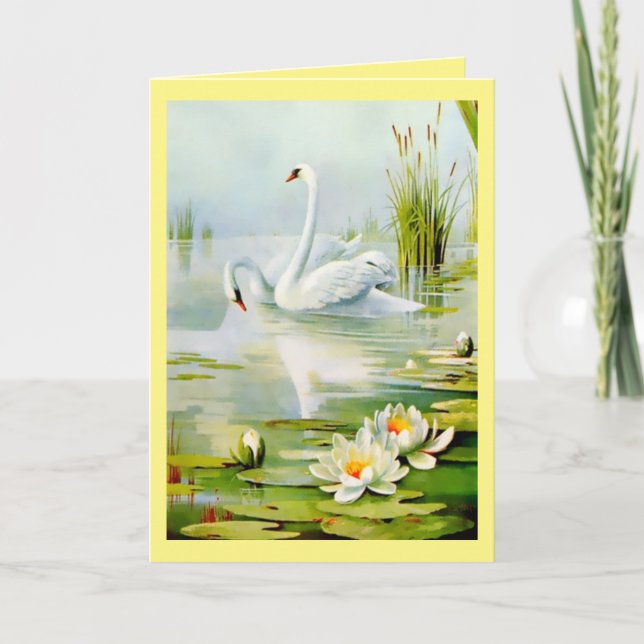 Beautiful Swans, Water Lilies, and Cattails Note Card (Front)