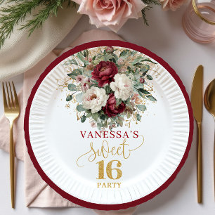 Beautiful Sweet 16 Blush Burgundy Party Plates