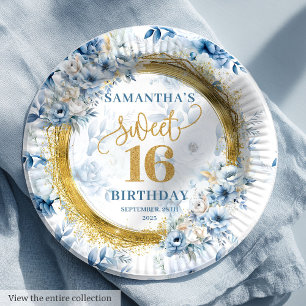 Beautiful Sweet 16 Dusty Blue Gold Glitter Plates