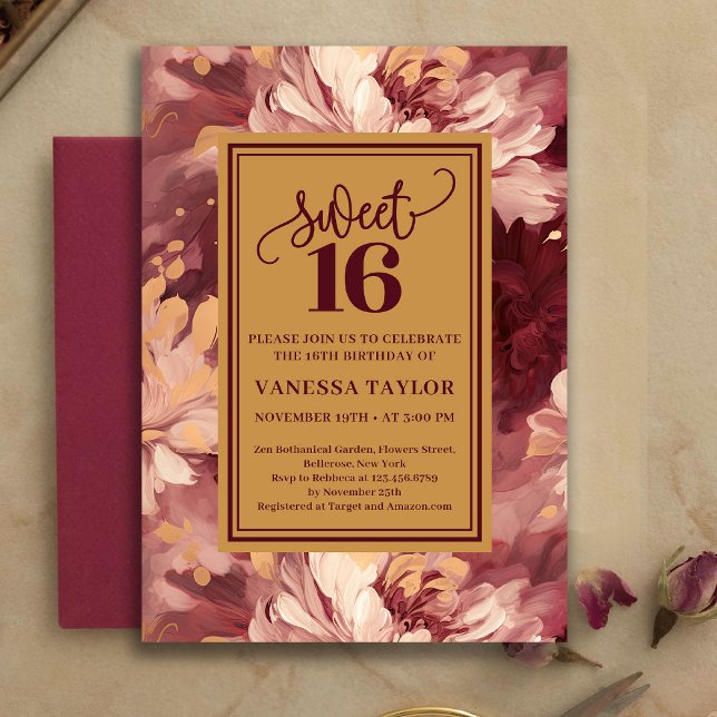 Beautiful Sweet Sixteen Burgundy Blush Boho Invite (Beautiful Sweet Sixteen Burgundy Blush Boho Invite)
