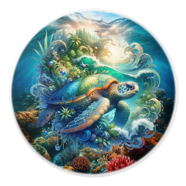Beautiful Swimming Sea Turtle  Ceramic Knob (Front)
