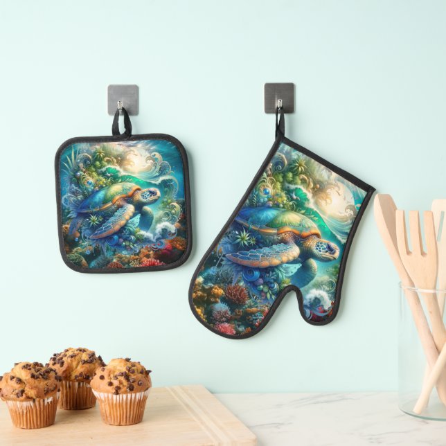 Beautiful Swimming Sea Turtle Quilted Oven Mitt & Pot Holder Set (Insitu(Hanging))