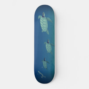 Beautiful swimming sea turtles and calligraphy skateboard