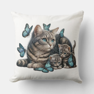 Beautiful Tabby Cat With Her KittensThrow Pillow