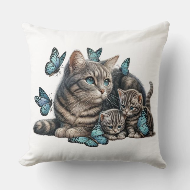 Beautiful Tabby Cat With Her KittensThrow Pillow (Front)