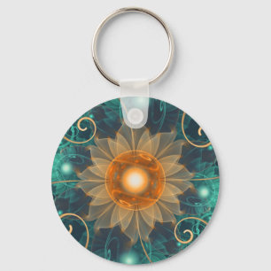 Beautiful Tangerine Orange and Teal Lotus Fractals Key Ring