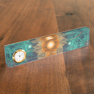 Beautiful Tangerine Orange and Teal Lotus Fractals Nameplate