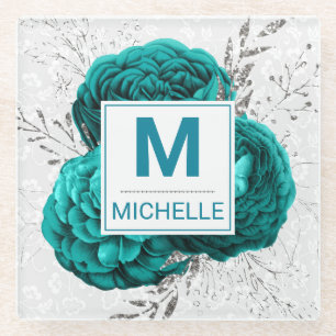Beautiful Teal and Silver Glitter Flowers Monogram Glass Coaster