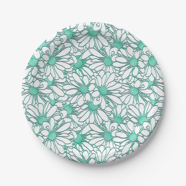 Beautiful Teal and White Floral Design Paper Plate (Front)