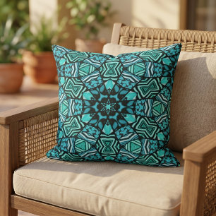 Beautiful Teal Aqua Turquoise Ethnic Mosaic Art Cushion