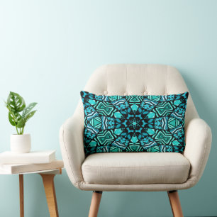 Beautiful Teal Aqua Turquoise Ethnic Mosaic Art Lumbar Cushion