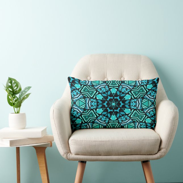 Beautiful Teal Aqua Turquoise Ethnic Mosaic Art Lumbar Cushion (Chair)