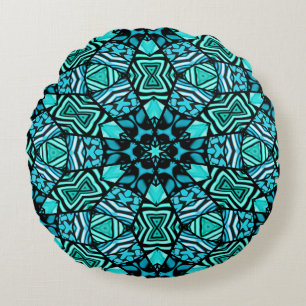 Beautiful Teal Aqua Turquoise Ethnic Mosaic Art Round Cushion