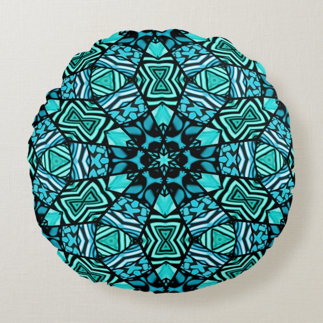 Beautiful Teal Aqua Turquoise Ethnic Mosaic Art Round Cushion (Front)