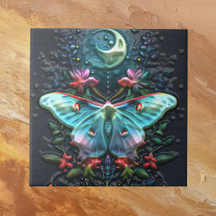 Beautiful Teal Blue Green Luna Moth Moon n Flowers Ceramic Tile