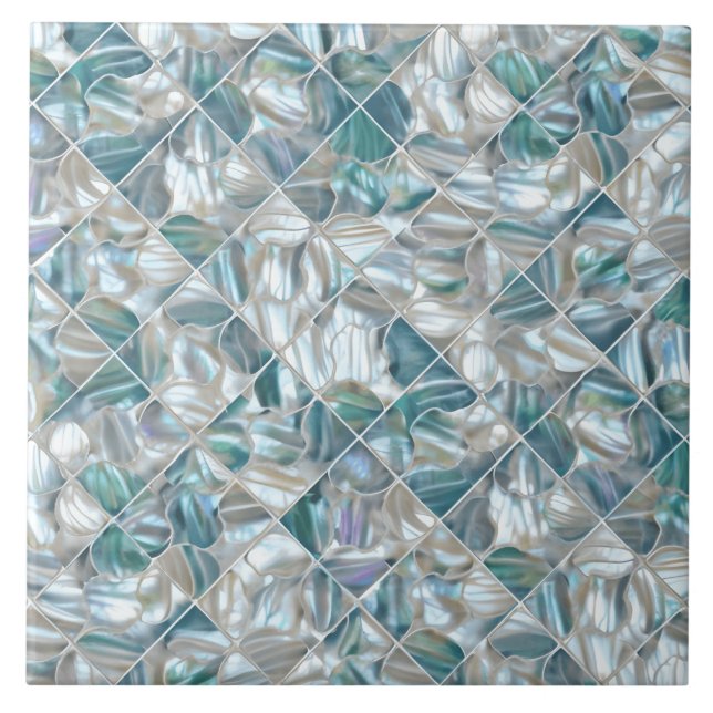 Beautiful teal blue offwhite pearl inspired ceramic tile (Front)