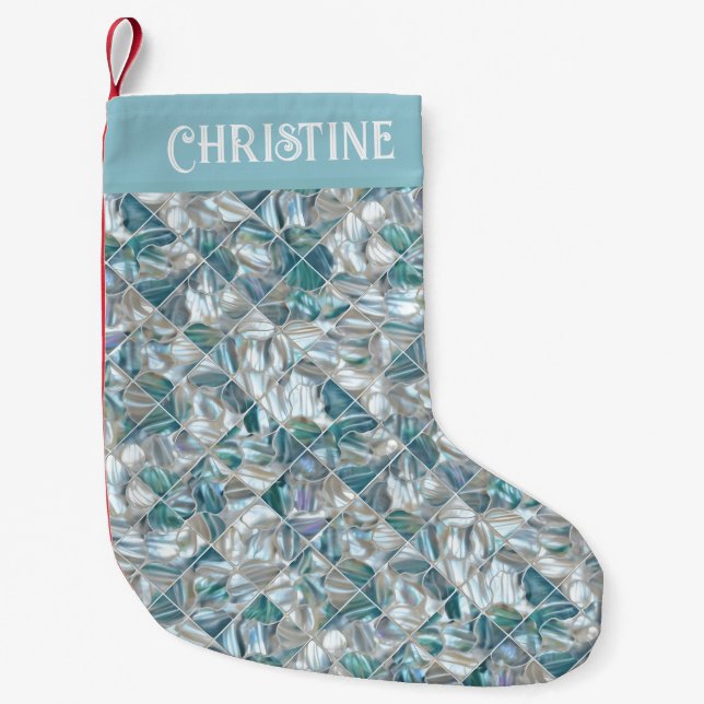 Beautiful teal blue offwhite pearl inspired small christmas stocking (Front)
