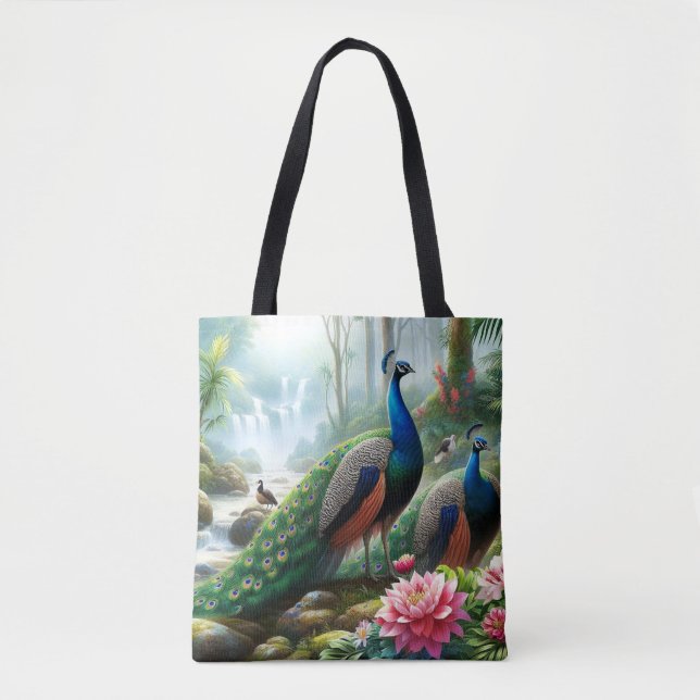 Beautiful Teal Blue Peacock with Flowers Tote Bag (Front)
