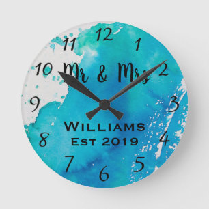 Beautiful Teal Blue Watercolor Personalised Custom Round Clock