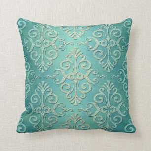Beautiful Teal Green Distressed Damask Cushion