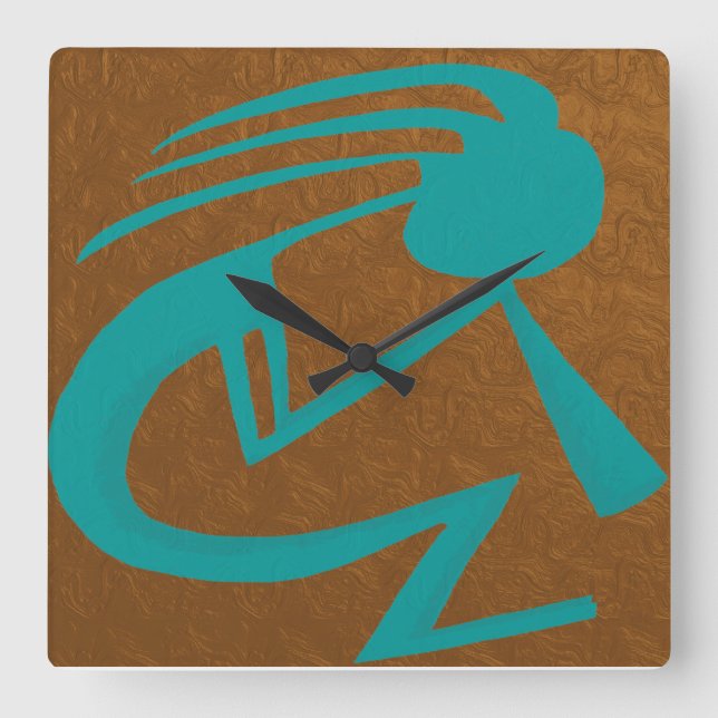Beautiful Teal Kokopelli Painting Square Wall Clock (Front)