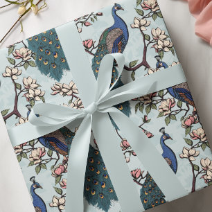 Beautiful Teal Peacocks and Magnolia Flowers Wrapping Paper