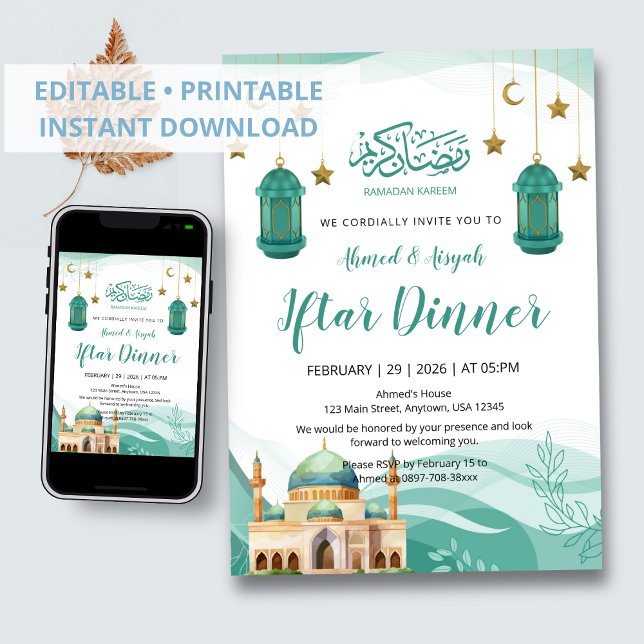 Beautiful Teal Watercolor Mosque Iftar Invitation (Creator Uploaded)
