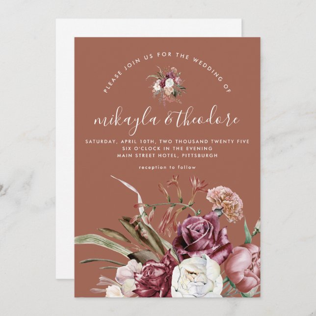 Beautiful Terracotta Boho Floral Invitation (Front/Back)