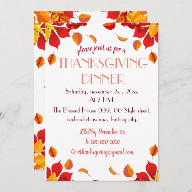 Beautiful Thanksgiving Autumn leaves Invitation (Front/Back)