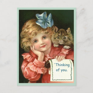 Beautiful Thinking of You Vintage Girl & Cat copy Postcard