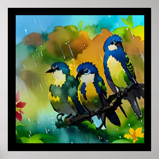 Beautiful Three Colourful Birds Sitting On Branch Poster