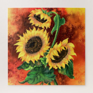 Beautiful Three Sunflowers - Migned Art Painting Jigsaw Puzzle