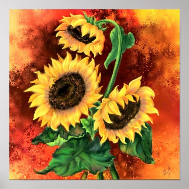 Beautiful Three Sunflowers - Migned Art Painting Poster (Front)